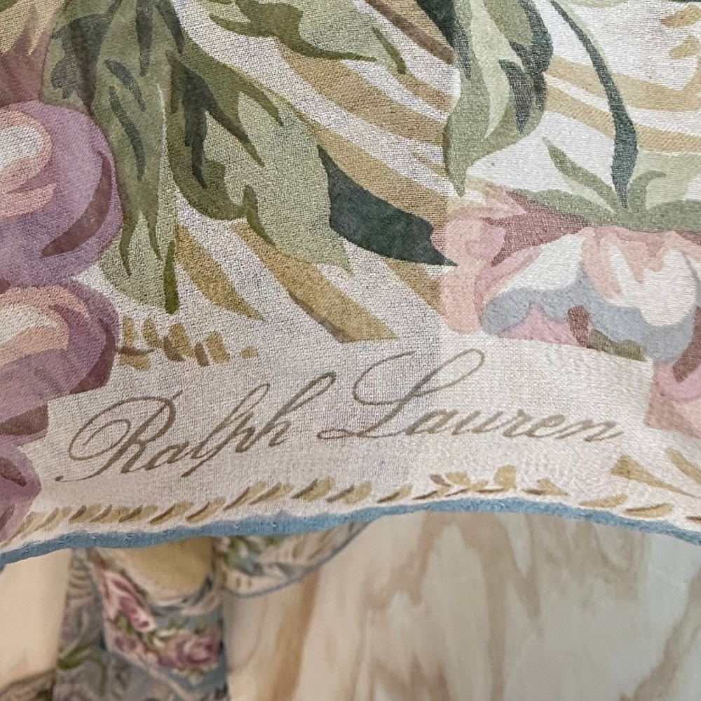 Ralph Lauren Silk Square Scarf Blue Pink Floral Fruit Garden Made in Japan 34in - Picture 5 of 5